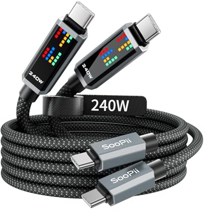 SooPii 240W USB C à USB C,2 Pack 2M, Noir | Câble de Charge Ultra-Rapide avec Affichage LED, Nylon Tressé, compatible avec iPhone 16/16 Plus/16 Pro/16 ProMax/15, iPad