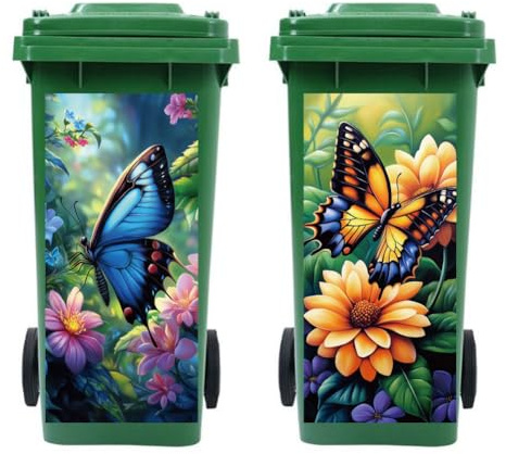 Peacoblue 2Pcs Wheelie Bin Stickers Butterfly Flowers for Dustbin Decor | 82x38cm,rubbish Cover,Large Wraps,Waterproof,Funny Decals for Fridges Door,Wall,Garden Indoor Outdoor Patio Decorative