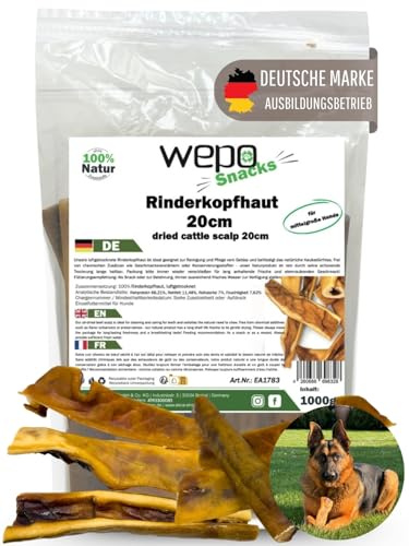 WEPO Pelle di bovino per cani, grande, 1 kg, spuntino da masticare per cani, pelle secca, 20 cm, snack e trattamenti, pulizia naturale dei denti, naturale e sano. (1 kg)