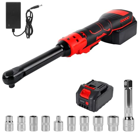 YWNYT Clé à cliquet sans fil de 3/8, clé à cliquet électrique avec batterie et chargeur, (16 cm) col allongé de 15,2 cm, 80 N.m 320 tr/min avec 8 douilles