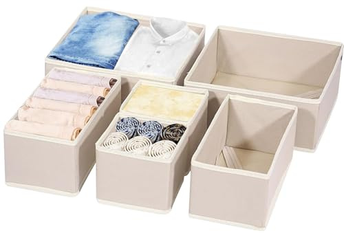 Kongming organizador cajones plegable separadores de cajones tela organizador ropa interior para almacenaje cinturones, calcetines, camisetas, pantalones (crema, 6 piezas)
