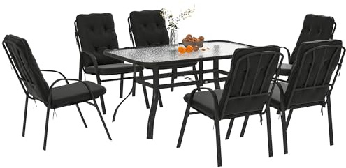 Outsunny 7 Pieces Garden Dining Set Outdoor Square Dining Table Black | 6 ushioned Armchairs, Tempered Glass Top, Umbrella Hole, Texteline Seats