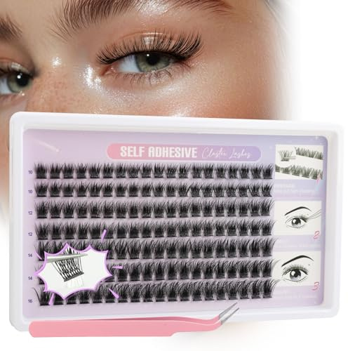 Kiusatig Pre Glued Cluster Lashes 133 Pcs, Self Adhesive Eyelashes Individual Kit with Tweezer, No Glue Needed 10-16mm Press-On Eye Lashes Wispy Reusable Easy to Apply