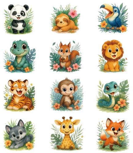 SUPERDANT 12PCS Cute Floral Animals Iron on Transfers Cartoon Animals Heat Transfer Stickers DIY Iron On Decals Washable Heat Transfers Paper for Kids Clothing T-Shirt Backpacks Bag Pillow