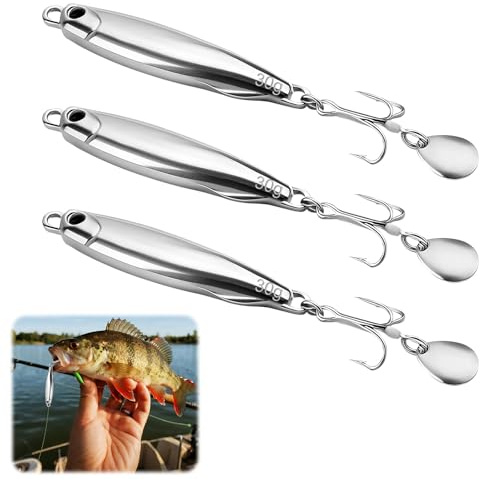 3 PCS Metal Silver Sea Fishing Lures, Treble Hooks Casting Spinners Metal Jigs, Featuring Bright Vibrations, Sea Fishing Lures for Mackerel, Bass, Cod & Pike