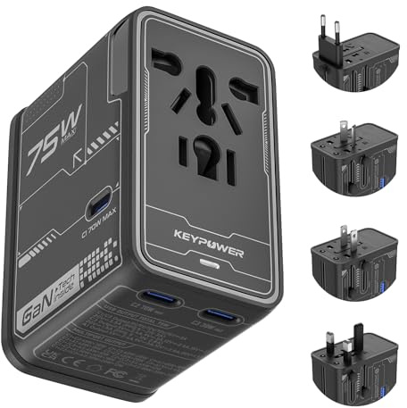 Universal Travel Adapter, 75W GaN International Power Adapter with 3 USB C and 1 USB A, All in One Travel Plug Adapter, Worldwide Outlet Wall Charger Converter for EU US UK AU 200+ Countries.