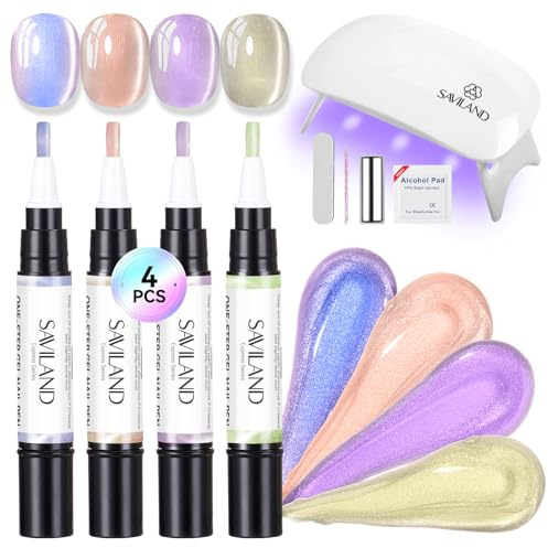 SAVILAND 3 in 1 Penna per Smalto per Unghie Set: 4 Colori Cat Eye Gel Polish In Un Solo Passaggio Kit con Magnete Lampada UV Cure Rapida 4ML Smalto Magnetico per Donne Principianti