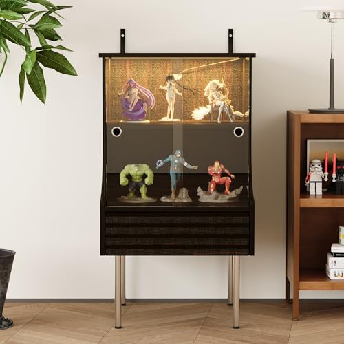 Caldion Vitrine avec éclairage, vitrine en Verre avec Portes coulissantes, Armoire Marron avec Portes en Verre, éclairage LED, Table de Chevet, Table d'appoint bibliothèque,Table Basse,50x50x90cm