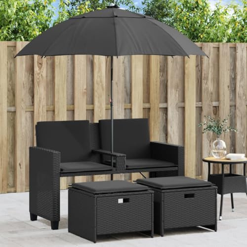 Teenpull Gartensofa 2-Sitzer mit Sonnenschirm und Hockern, Schwarz Poly-Rattan Outdoor-Möbel-Set, wetterfestes Lounge-Sofa für Garten, Terrasse und Balkon, Bequeme Sitzgruppe