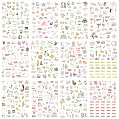 BSITSSS 12 Blätter Sticker Hochzeit Gästebuch, Aufkleber Hochzeit Rosa Grün, Scrapbook Stickers Hochzeitssticker für Scrapbook Just Married Bachelorette Party Fotoalbum Bullet Journal