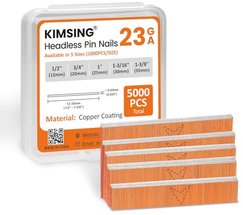 KIMSING 23GA 5 tamaños Puntas Cobre sin Cabeza 5000 pzas para Madera | 5 longitudes 12-35mm (1000 pzas c/u), puntas sin cabeza, cobre anticorrosión, compatibles 23GA, para armarios, muebles