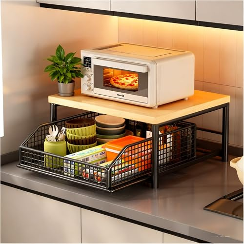 Chariot De Rangement Micro-ondes Compact Avec Panier -Buffet De Rangement Pour Machine À Café Étagère De Cuisine Multifonction 2 Niveaux Et Tiroir - Idéal Pour Bureau, Salon(Black,14.57x10.24in)