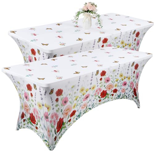 Moukeren 2 Pack Flower Spandex Tablecloth 6ft Stretch Table Cloths Fitted Rectangular Table Cover Washable Decorative Cloth for Party Wedding Banquet Birthday Celebration Decor(Poppy Flower)