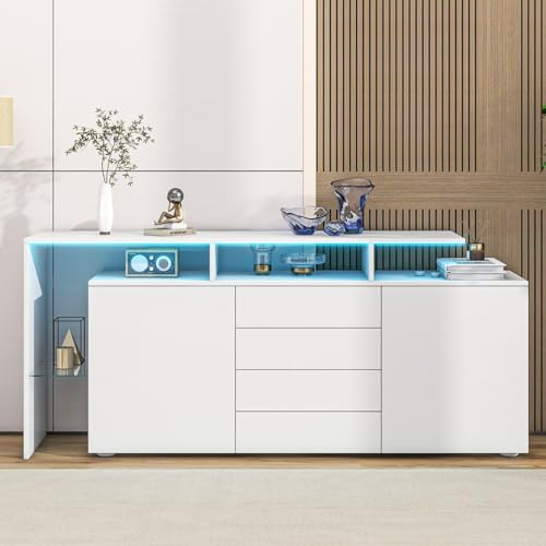 YEHTOKHOME Buffet de Salon avec LED, Meuble de Rangement avec 2 Portes, 4 Tiroirs, Étagère Verre, Buffet Multifonction pour Salon ou Salle à Manger (Blanc-2)
