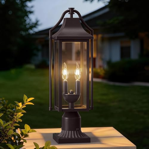 Large Waterproof Outdoor Post Lights, 23 Inch Overall Height Lamp Post Fixture with Pier Mount Base, Modern Exterior Pillar Lantern with 2 E12 Sockets, Pole Lights for Garden Pathway, Bronze, 1 Pack