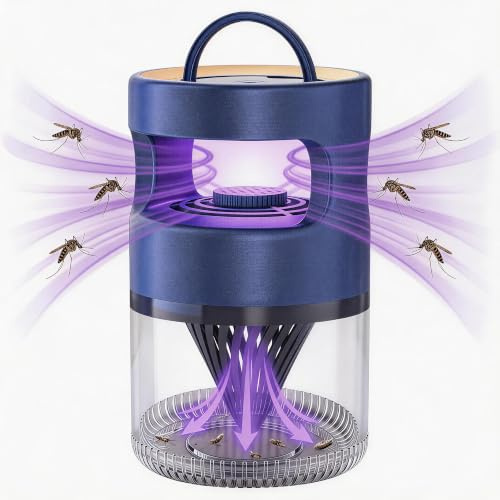 Lámpara antimosquitos UV, modelo 2026, cuenta con tecnología de succión por vórtice sin químicos, funcionamiento silencioso, es segura para bebés y mascotas, y ofrece protección de 360° en interiores.