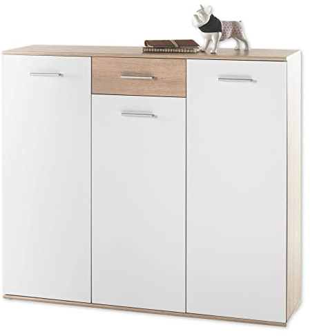 Stella Trading 3 Schuhschrank Weiß, Eiche Sonoma Optik - Praktische Schuhkommode zur platzsparenden Aufbewahrung von Schuhen - 135 x 118 x 35 cm (B/H/T)
