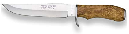 Joker Cuchillo de Caza Tigre CO34, con Mango de Olivo, Hoja de 17 cm MOVA, 300 Gramos, Funda de Cuero, Herramienta de Pesca, Caza, Camping y Senderismo