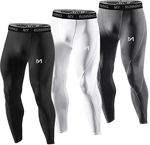 MEETYOO mens for Men, Cool Dry Sports Workout Running Tights Leggings Compression Pants, Black+white+grey, Medium US