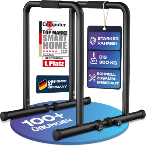 Sportstech, Dip Barren + 3in1 Calisthenics mit Rudergriffen, 300 kg PT500 | Parallettes & Dip Station mit Sicherheitsverschluss, für Zuhause, 80-90 cm höhenverstellbar, 84-102 cm breitenverstellbar