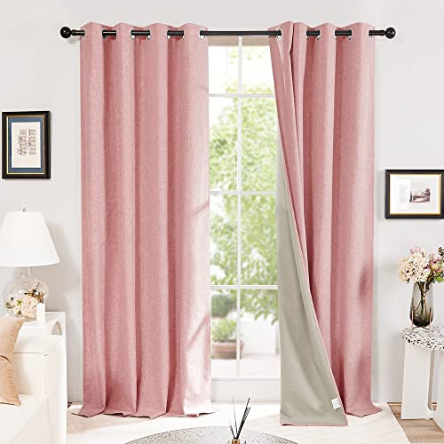Deconovo Noise Reduction Faux Linen Curtains Full Blackout Eyelet Thermal Insulated Curtains for Girls Bedroom Blush Pink W52 x L72 One Pair