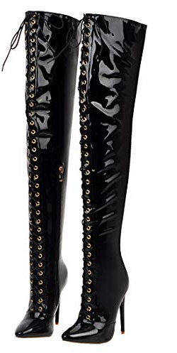 Etebella Damen Overknee Stiefel Lack mit Schnürung Langschaft Stiletto High Heels Spitz Zipper Boots Sexy Winter Schuhe (Schwarz,38)