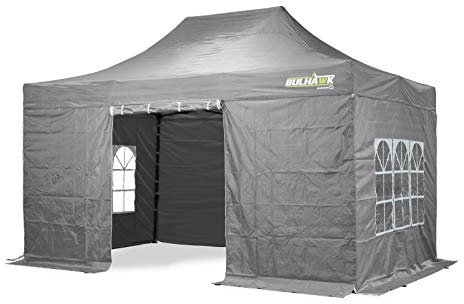 BULHAWK® 3M x 4.5M PREMIUM 32 COMMERCIAL GRADE, WATERPROOF, HEAVY DUTY POP UP GAZEBO MARKET STALL MARQUEE, INCLUDES 4 X 100% WATERPROOF SIDEWALLS AND CARRY BAG (Grey)