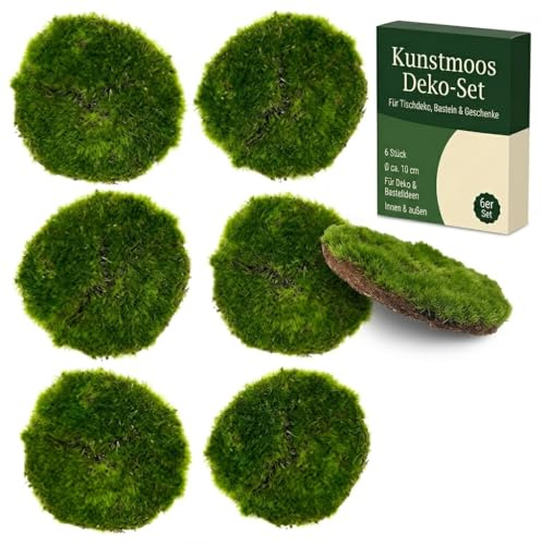 MIJOMA Konstgjorda moss-plattor, set om 6, Ø 10 cm – dekorativa dekorativa mossor, gräsplattor av plast och polyester för bordsdekoration, blomster, terrarium, balkong och vardagsrum