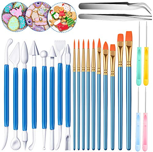 24 Pieces Cookie Decorating Fondant Cake Decorating Tool Set Include Brushes Sugar Stir Needle Fondant Modeling Tool Elbow and Straight Tweezer(Blue)