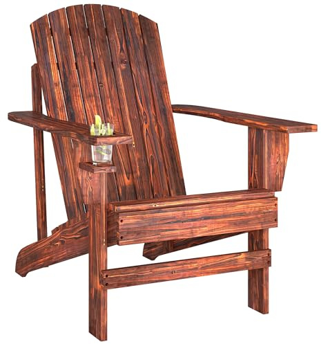 Outsunny Adirondack-Gartenstuhl Holz Adirondack Stuhl Becherhalter Verkohlt | Gartenliege, Balkonstuhl, Massivholz 72 x 95 x 93 cm