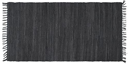 ABC Italia Flickenteppich, Fleckerlteppich, Teppich waschbar, Baumwolle, Fransen, einfarbig, nachhaltiger Handwebteppich, Farbe:Dark Grey, Größe:60 x 200 cm
