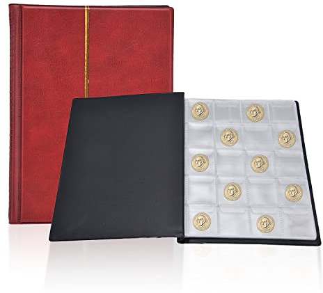 Buachois Münzalbum 2 Euro Münzsammler Taschenalbum mit 3x3cm 250 Taschen, Münzhüllen Buchhülle Münzen Aufbewahrung Sammelalbum für Ø 30mm Münzen, Rot
