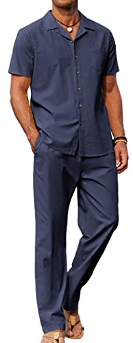 COOFANDY Men 2 Piece Linen Outfit Beach Button Down Shirt Casual Loose Pant Sets