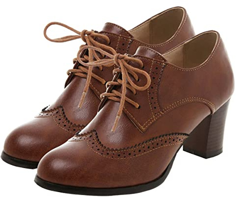 SHEMEE Women's Chunky High Heels Wingtip Oxfords Round Toe Lace Up Stacked Block Heel Vintage Brogues Pumps Shoes(Brown,US 7.5)