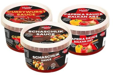 Walsdorf Gourmet Saucen Set 3 Schalen á 500g - 1x Schaschlik 1x Paprika Balkan Art 1x Currywurst - Grillsoßen aus hochwertigen Zutaten - leckere BBQ Sauce ohne Geschmacksverstärker