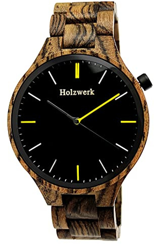 Holzwerk Germany Handgefertigte Designer Herren-Uhr Öko Natur Holz-Uhr Armband-Uhr Analog Klassisch Quarz-Uhr Braun Schwarz Gelb