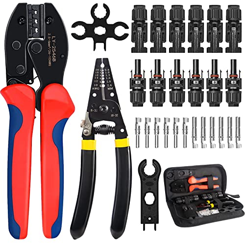 Solar Crimpzange Set für 2.5/4/6mm² Solarkabel, 1 Solar Crimpzange, 1 Abisolierzange, 6 Paar Männlich/Weiblich Solarstecker, 2 Schraubenschlüssel für Solarstecker Kabel Anschluss