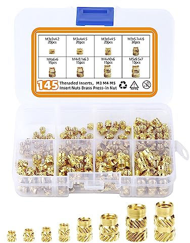 145Pcs 3D Printing Brass Nuts, M3 M4 M5 Female Thread Knurled Nuts, Brass Threaded Insert Embedment Nuts Threaded Inserts for Plastic 3D Printing Injection Molding