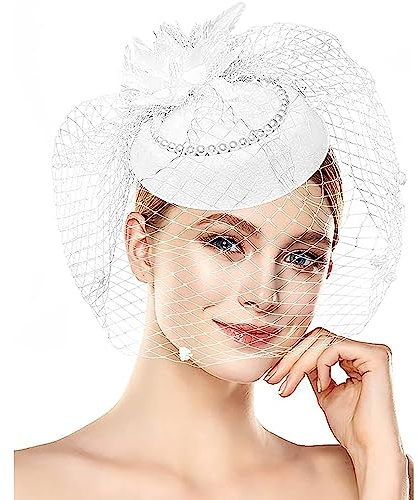 LJRPUPY Stylish Pillbox Headband Tea Party Cocktail Hats Wedding Wool Feeling Fascinator Hat with Veil Clips Accessories