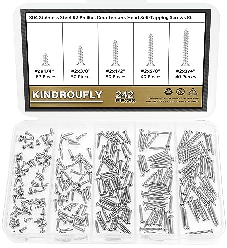 Kindroufly 242 Pieces #2 x 1/4 3/8 1/2 5/8 3/4 Phillips Countersunk Head Self-Tapping Screws, Wood Screws Assortment Kit, 304 Stainless Steel