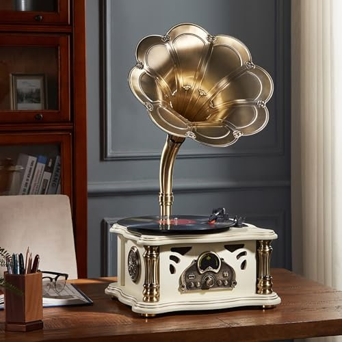 Vintage-Plattenspieler, antike Vinyl-Schallplatten, Plattenspieler-Radio, Bluetooth-Phonograph mit Messinghupe for 33/45/78 U/min, kabelloser Lautsprecher mit Fernbedienung for Heimdekoration ( Color