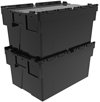 Solent Plastics Heavy Duty 100% Recycled Plastic 56 Litre Attached Lidded Container Storage Box Totes (60 x 40 x 31cm) Black - Pack of 2