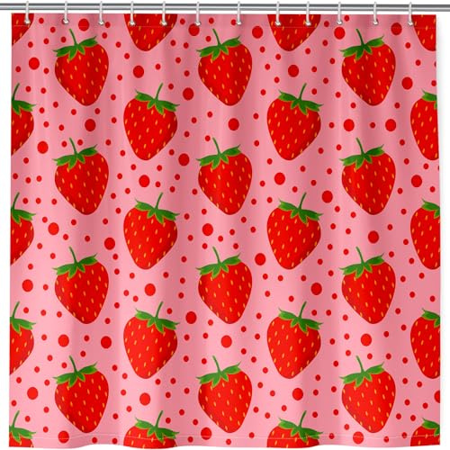 ANHOPE Kawaii Rosa Obst Erdbeer Duschvorhang Wasserdicht Anti-schimmel Polyester Stoff Duschvorhänge 180 x 180 cm Shower Curtains Waschbar Bad Vorhäng für Badzimmer mit 12 Haken