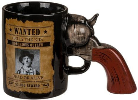 MIJOMA Kaffeebecher mit Revolvergriff und Wanted-Motiv aus Steingut – schwarzer Statement-Becher 400 ml