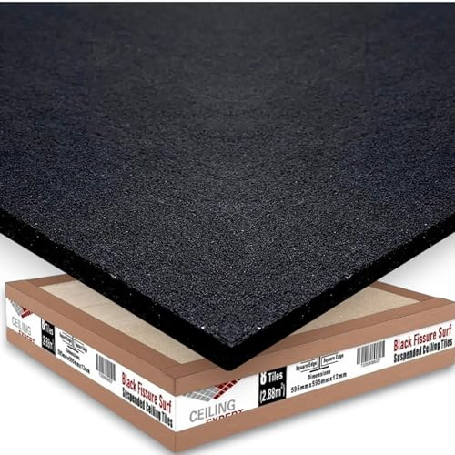 Black Acoustic Suspended Ceiling Tiles 595mm x 595mm x 12mm,Box of 8 tiles Square Edge,for 2.88m2. Ideal for a 600mm x 600mm Grid System