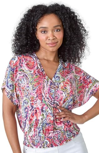 Roman Petite Paisley Shirred Hem Stretch Top for Women UK - Ladies Spring Everyday Summer Holiday V-Neckline Comfy Short Sleeve Soft Blouson Shape Shirt Vacation Blouses - Pink - Size 16