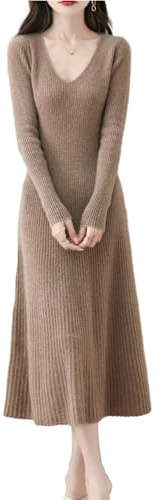 Ailaile Women's Sweater Dress 100% Merino Wool Pullover Long Sleeve V Neck Fall Winter Knitted Slim Tops Camel