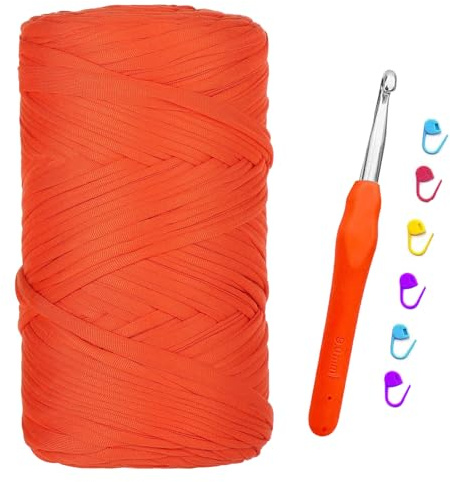 T-shirt Garn, 400G/120M Tshirt Garn zum Häkeln, Textilgarn mit 9,0 mm Häkelnadel, Dickes Darn für Taschen Häkeln, Körbe, Teppiche, Kunsthandwerk (Orange rot)