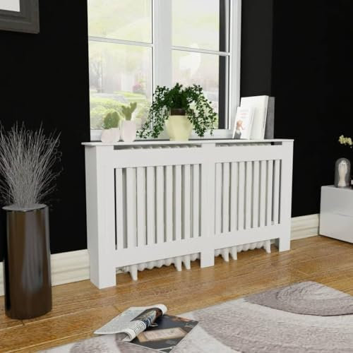 puraday Wohnzimmer Heizkörper Verkleidung Abdeckung 152x19x81.5 cm MDF Heizkörperverkleidung Dekorative Lamellen-Design Heizung Abdeckung Heizungsverkleidung Schlafzimmer Radiator Cover Weiß