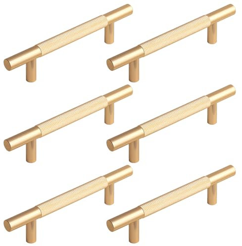 Riceel Gold 150MM Knurled Cupboard Handles, 6 Pack 96mm Hole Center T Bar Handles Knurled Drawer Handles Gold Modern Furniture Handles Long Wardrobe Door Handles Door Handles Kitchen Drawer Handles